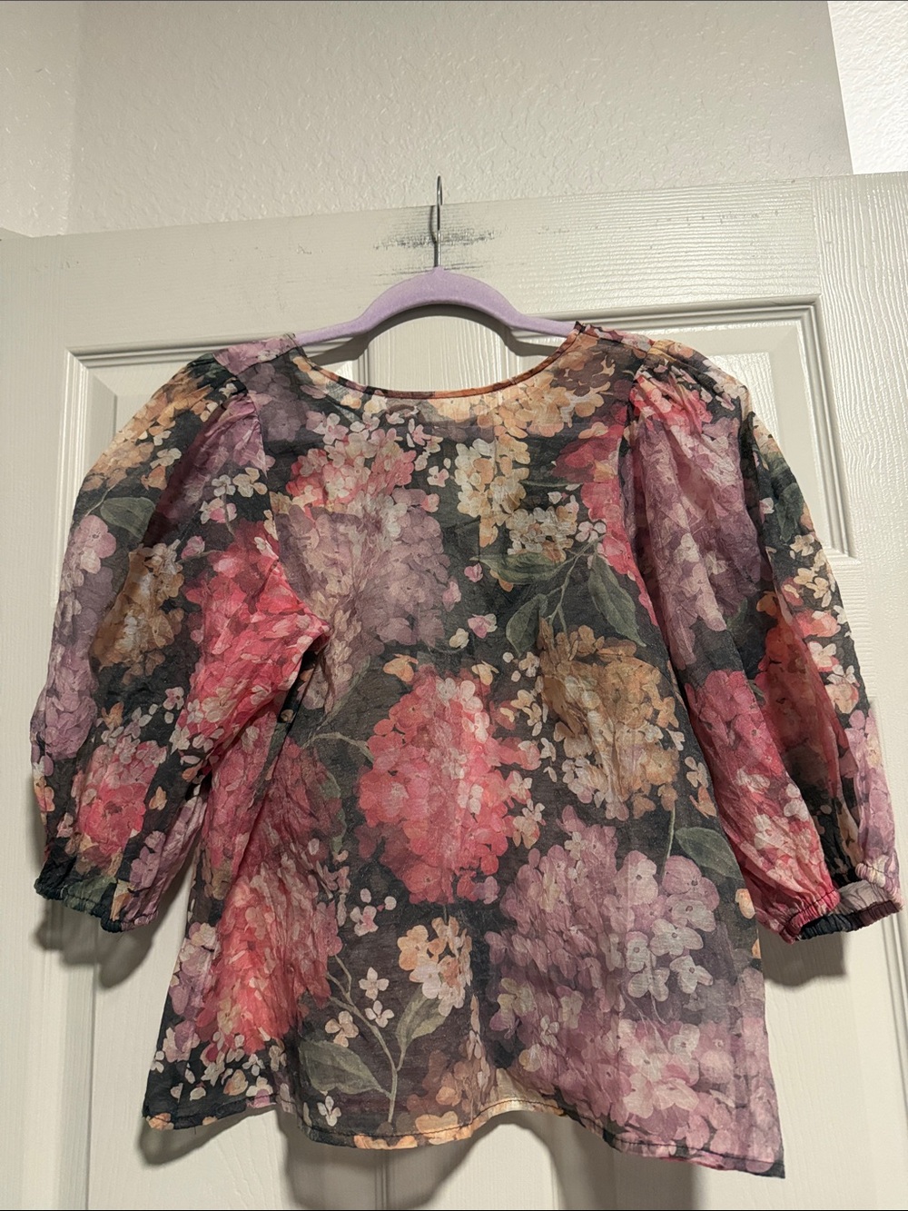 H&M Floral Puff-Sleeve Blouse in Pink, Purple and Cream